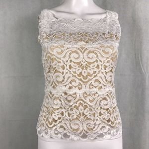 Karen Kane Tank Camisole Womens Sz Medium White Tan Floral‎ Lace Square Neck Top